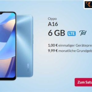 Nur 9,99 € Grundgebühr: Oppo A16 &#043; 6 GB LTE &#043; Allnet-Flat (Tarif: Super Select S)