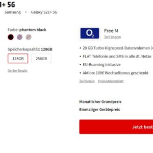 Mega: Galaxy S21 Plus für 9 € Zuzahlung zur Allnet-Flat &#043; 20 GB LTE mit 29,99 € Grundgebühr (Tarif: o2 Free M)