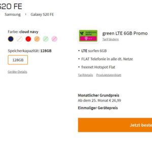 Telekom-Netz! Galaxy S20 FE 128 GB für 1 € &#043; 6 GB LTE zur Allnet-Flat mit 19,99 € Grundgebühr (Tarif: md green LTE)