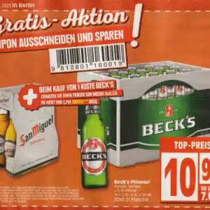 6er Träger San Miguel Gratis beim Kauf einer Kiste Beck's Pilsener bei Edeka Minden-Hannover