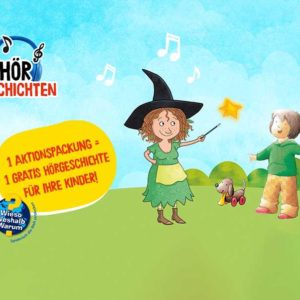 Kostenlose Hörgeschichten für Kinder 1 Jahr lang anhören je Aktionsprodukt kinder Schokolade mit der App Hörgiraffe