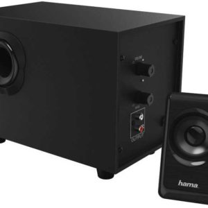 Hama BA-2112 2.1 Sound-Sys­tem mit Subwoofer aus Echtholz Schwarz für 22,98 € (statt 27,99 €)