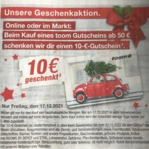 Toom Baumarkt: 10€ Gutschein bei 50€ Einkaufwert geschenkt