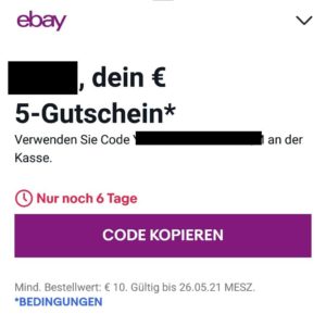 ebay: 5€-Gutschein (MBW: 10€) *für ausgewählte Nutzer*