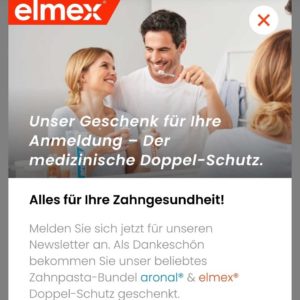 elmex.de/Amazon: gratis Zahnpasta-Bundle aronal & elmex für Newsletter-Anmeldung
