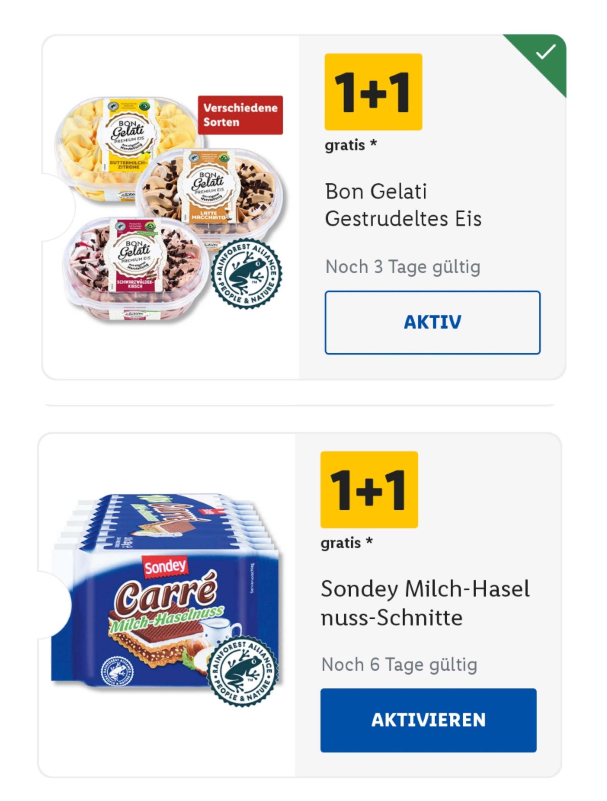 1+1 Coupons mit der LIDL APP (Eis+Milch-Haselnuss-Schnitte)