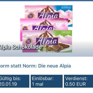 Reebate: 0,50€ Cashback auf Alpia-Schokolade-Gratisschokolade bei Real & Rewe mit Gewinn möglich