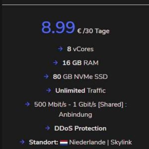 ! Unendlich Traffic ! 8 vCores, 16 GB RAM, 80 GB NVMe