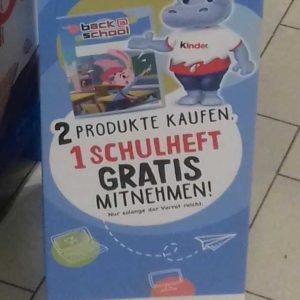 Back to School Schulheft als Gratis Zugabe beim Kauf von zwei Produkten von duplo, Hanuta oder Kinder / Aufsteller im Kaufland (eventuell nur regional)