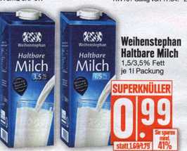 Edeka Südbayern Weihenstephan haltbare Milch 1 l für nur 66 Cent beim Kauf von 3 Stück mit Coupon