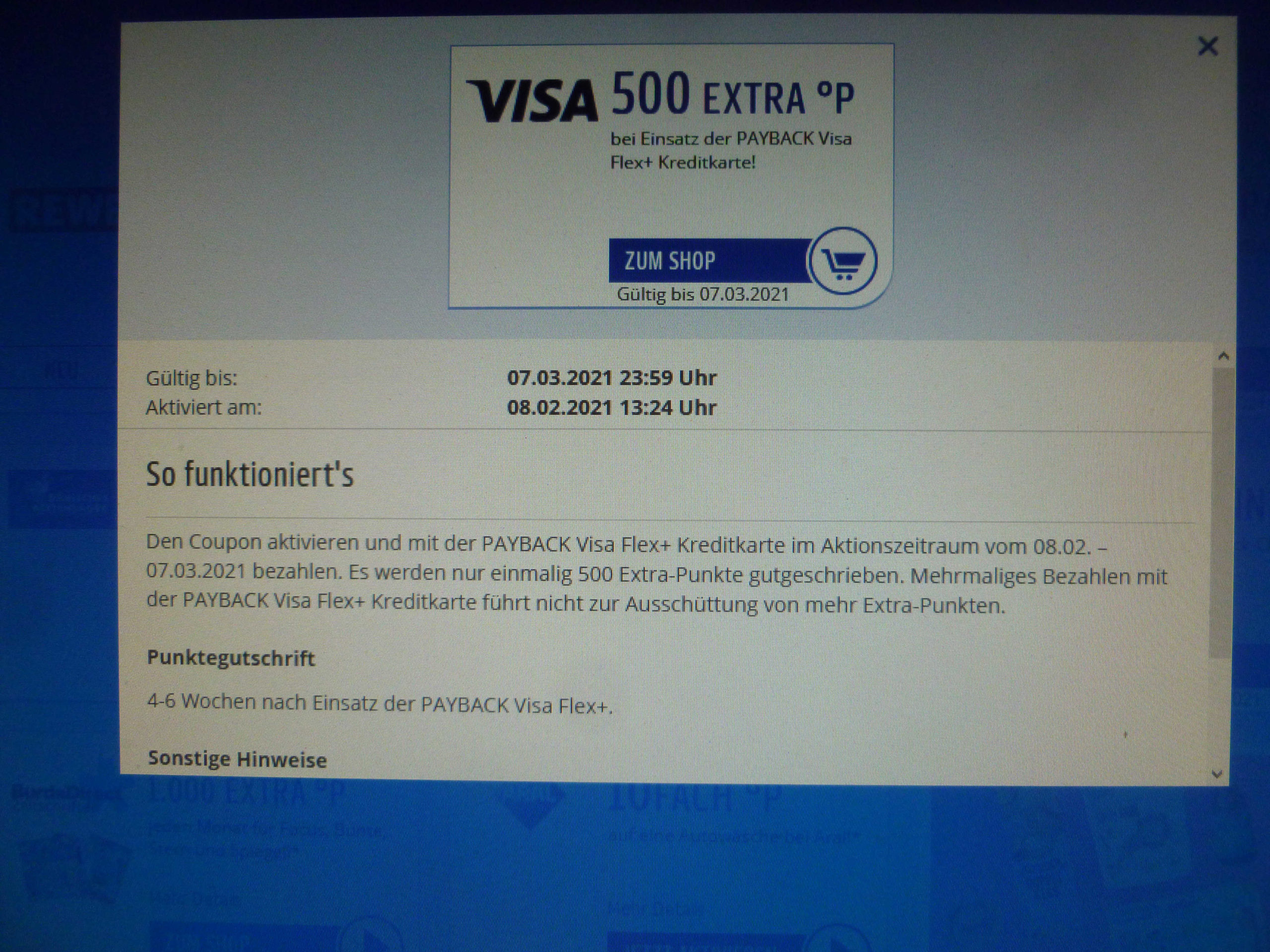 500 Paybackpunkte für Einkauf mit Payback VISA Flex Kreditkarte