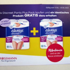 [Rossmann] "Always Discreet" (Größe M & L) Zwei-für-eins-Angebot (NUR FILIALE!)