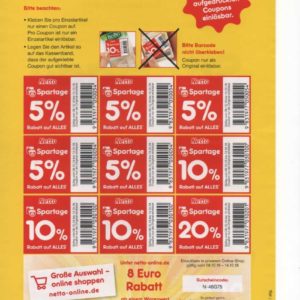 Netto: Rabatte kleben und 20% (und auch 3X 10%) auf einen Artikel nach Wahl bekommen (in der Filiale)
