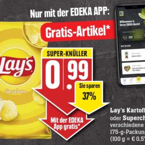 GRATIS eine "175gr Packung Lay's Kartoffelchips oder Superchips versch. Sorten" bei Edeka-Südwest mit der Edeka Genuss+ App vom 26.04.-30.04.21 ab 5€ Einkauf