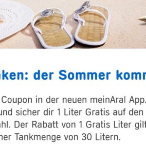 *Aral* 1 Liter Kraftstoff geschenkt ab 30 Liter Tankmenge mit Aral-App &#043; 5 x 2 Cent je Liter (Neukunden)