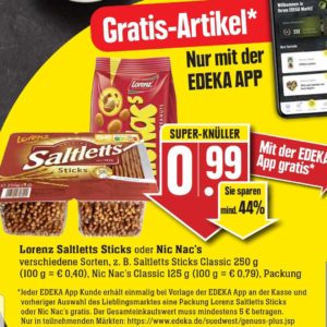 GRATIS eine Packung Lorenz Saltletts Sticks oder Nic Nac’s verschiedene Sorten bei Edeka-Südwest mit Edeka-App vom 18.-23.10.21 ab 5€ Einkauf