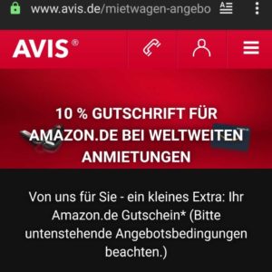 AVIS Autovermietung: 10% in Form von Amazon Gutschein zurück erhalten