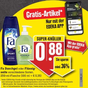 GRATIS "Fa Duschgel oder Flüssigseife verschiedene Sorten, 250-ml-Flasche" bei Edeka-Südwest mit Edeka-App vom 31.01.-05.02.22 ab 5€ Einkauf