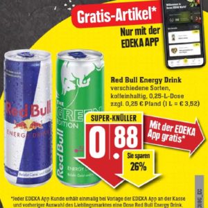GRATIS „Red Bull Energy Drink  verschiedene Sorten, koffeinhaltig, 0,25-L-Dose zzgl. 0,25 € Pfand“ bei Edeka-Südwest mit Edeka-App vom 21.-26.02.22 ab 5€ Einkauf