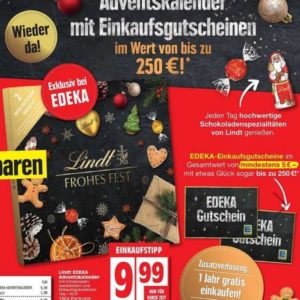 🍫 Lindt-Adventskalender 2022 für effektiv 4,99€ 💝 9,99€ + mind. 5€ Gutschein bei Edeka und Netto