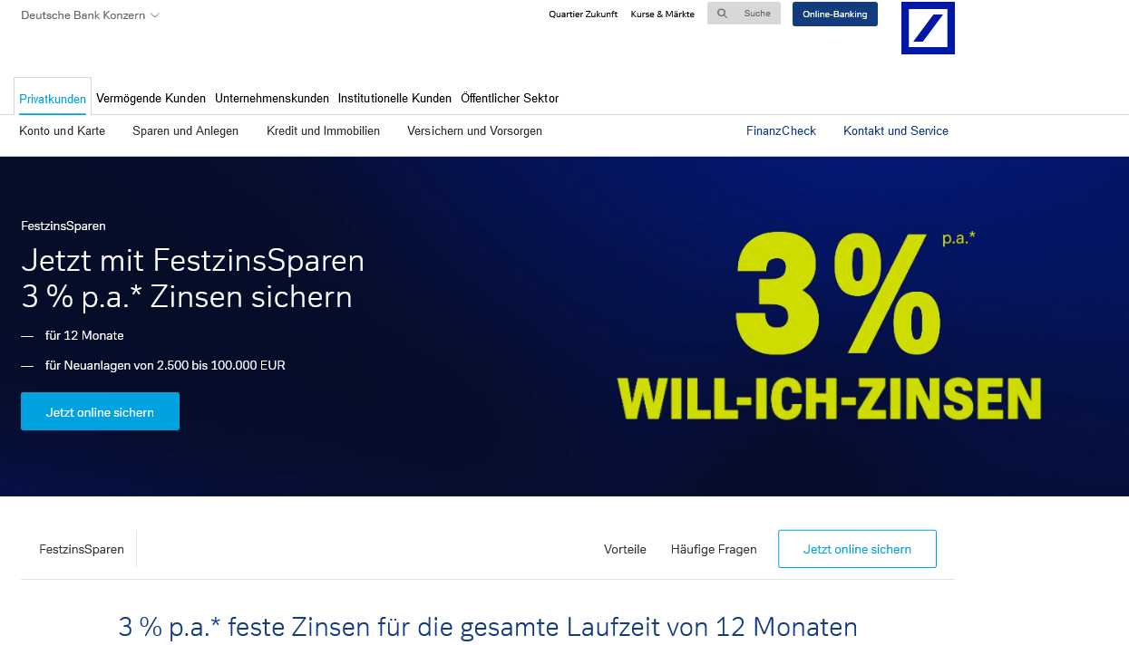 Deutsche Bank: FestzinsSparen 3 % p.a.* Zins -- für 12 Monate -- für ...