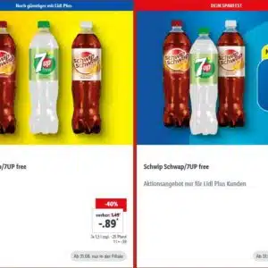 Schwip Schwap / 7UP free ab Donnerstag, 31.8. bei Lidl für 0,89€ bzw. mit Lidl-App für 0,79€/1,5l