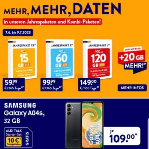 20% mehr Datenvolumen bei Jahrespaketen von Aldi Talk + Samsung Galaxy A04s für 109€ vom 07.06. bis 09.07.2023 bei Aldi