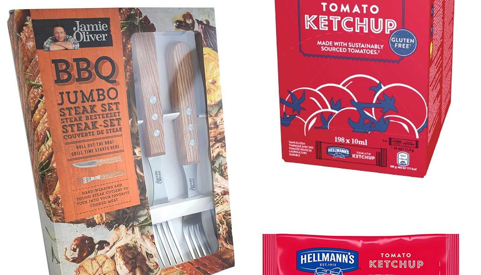 198 x 10ml Hellmann`s Ketchup + Jamie Oliver 4tlg. Steak