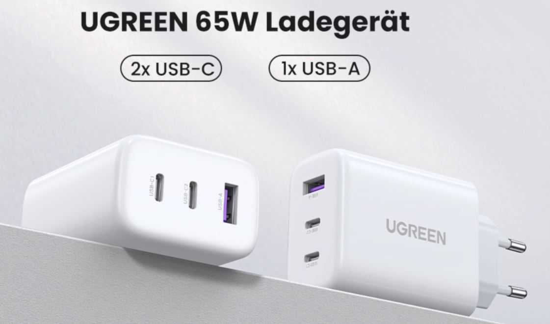 😍 WOW! 🤑 UGREEN USB-C Ladegerät 65W USB C Netzteil 3-Port Schnellladegerät für 23,99€ (statt 32€)