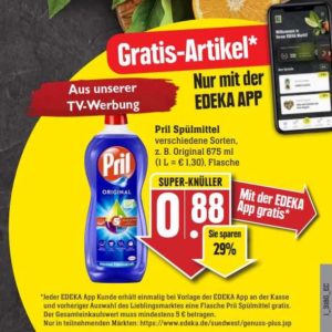 GRATIS *Flasche Pril Spülmittel* verschiedene Sorten, z. B. Original 675 ml  bei Edeka-Südwest mit Edeka-App vom 03.-08.01.22 ab 5€ Einkauf