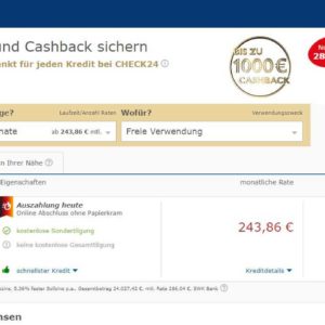 Bis 1000 Euro Cashback bei  Kredit über Check24