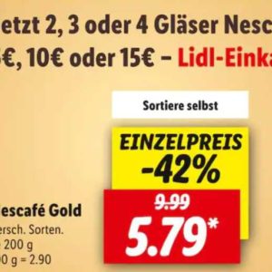 LIDL: 2, 3 oder 4x Nescafé Gold kaufen und einen 5, 10 oder 15 € Gutschein erhalten