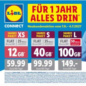 12GB/40GB/100GB Lidl Connect Jahrespakete im Vodafone-D2-Netz vom 07.06. - 04.07.21 mit 10€ Startguthaben ab 59,99€/Jahr
