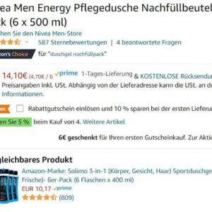 Nivea Men Energy Pflegedusche Nachfüllbeutel, Duschgel, 6er Pack (6 x 500 ml) - nur 4,23 Euro/l