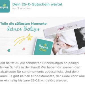 25 Euro Gutschein für Sendmoments über die Pampers App - hochladen eines Belegs benötigt