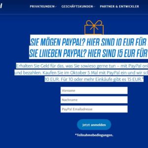 Kaufen Sie im Oktober 5 Mal mit PayPal ein und wir schenken Ihnen 10 EUR. Für 10 oder mehr Einkäufe gibt es 15 EUR.*