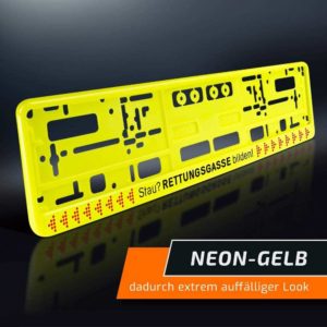Amazon: KFZ-Kennzeichenhalter in Neon-Gelb &#034;Stau? Rettungsgasse bilden!&#034;