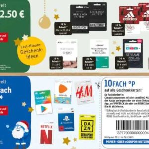 Rewe: Rabatte auf Geschenkkarten von About You,  adidas, Christ, Deezer, RTL+  und Wellcard + 10 Fach Payback Punkte auf fast alle Geschenkkarten