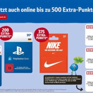 Rewe: Extra Payback Punkte auf Geschenkkarten von Nike und Playstation Store ab dem 27.12.2021