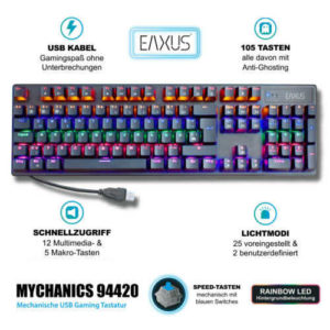 eBay: Eaxus Mechanische PC Tastatur LED RGB Gaming USB QWERTZ Keyboard 105 Tasten Switches (29,99€ statt 33,24€)