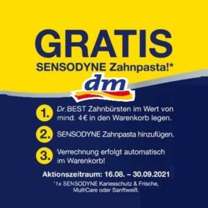 dm online: Beim Kauf von Dr. Best Zahnbürsten im Wert von 4€ bekommt man eine Sensodyne Zahncreme Gratis als Zugabe (bis 30.09.2021)